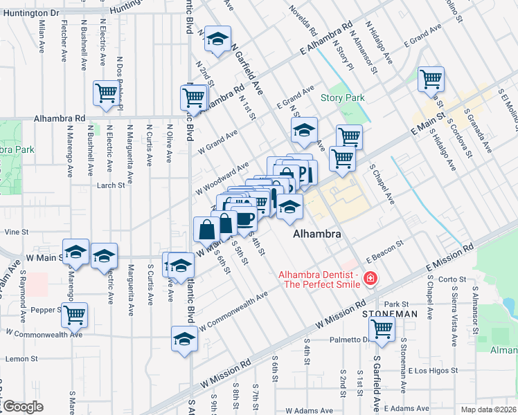 map of restaurants, bars, coffee shops, grocery stores, and more near 333 West Main Street in Alhambra