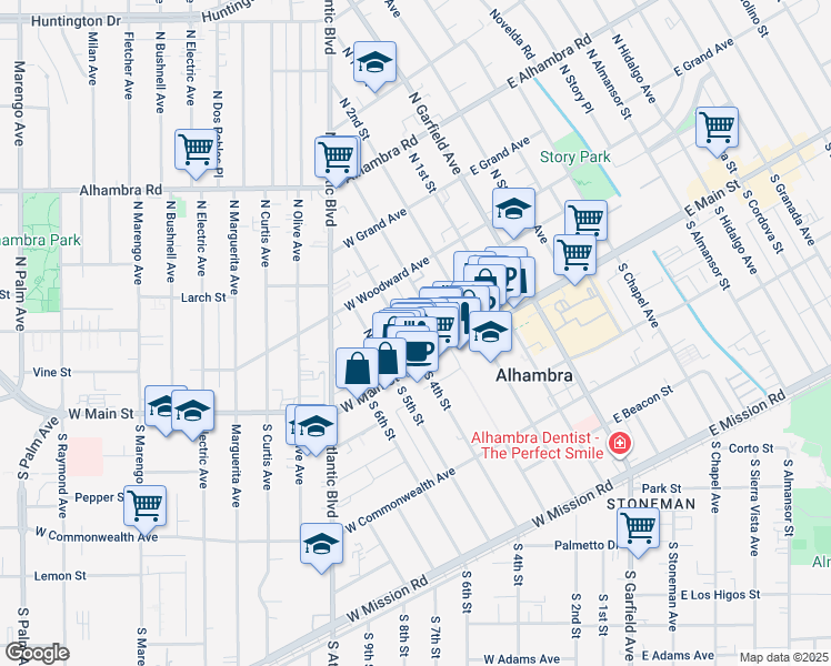 map of restaurants, bars, coffee shops, grocery stores, and more near 333 West Main Street in Alhambra