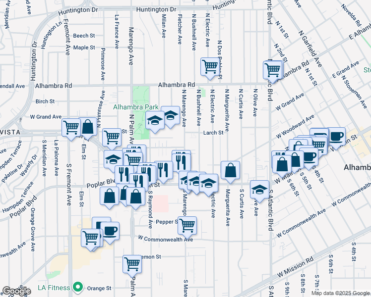 map of restaurants, bars, coffee shops, grocery stores, and more near 118 North Marengo Avenue in Alhambra