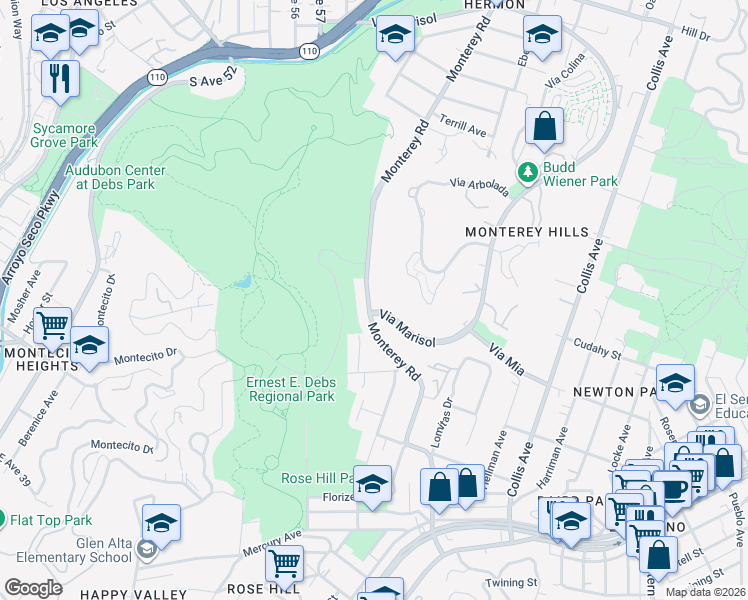 map of restaurants, bars, coffee shops, grocery stores, and more near 3691 Via Marisol in Los Angeles