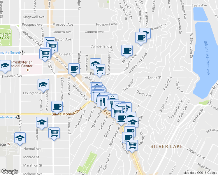 map of restaurants, bars, coffee shops, grocery stores, and more near 1680 Griffith Park Boulevard in Los Angeles