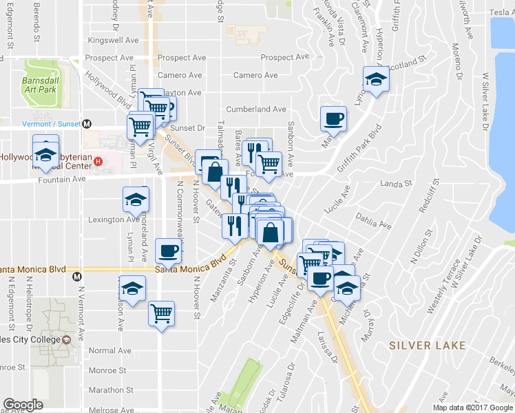 map of restaurants, bars, coffee shops, grocery stores, and more near Manzanita Street in Los Angeles