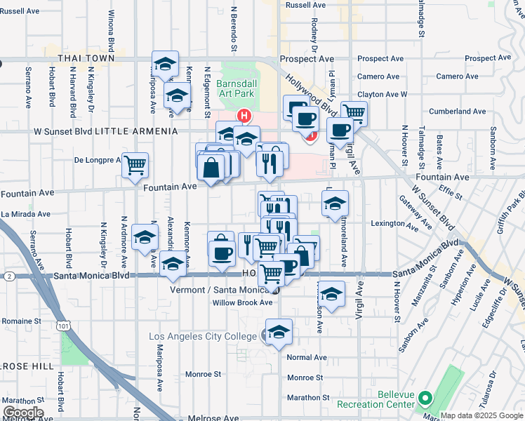 map of restaurants, bars, coffee shops, grocery stores, and more near 4754 Lexington Avenue in Los Angeles