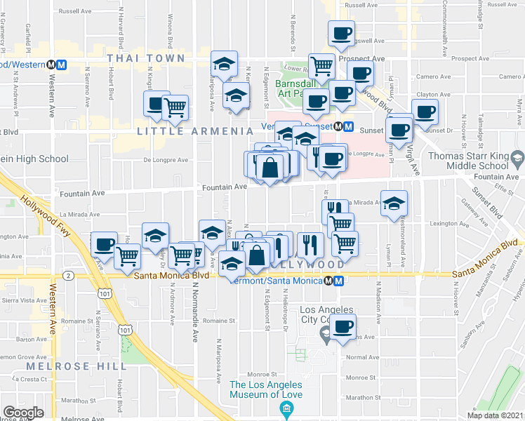 map of restaurants, bars, coffee shops, grocery stores, and more near 1200 North Edgemont Street in Los Angeles