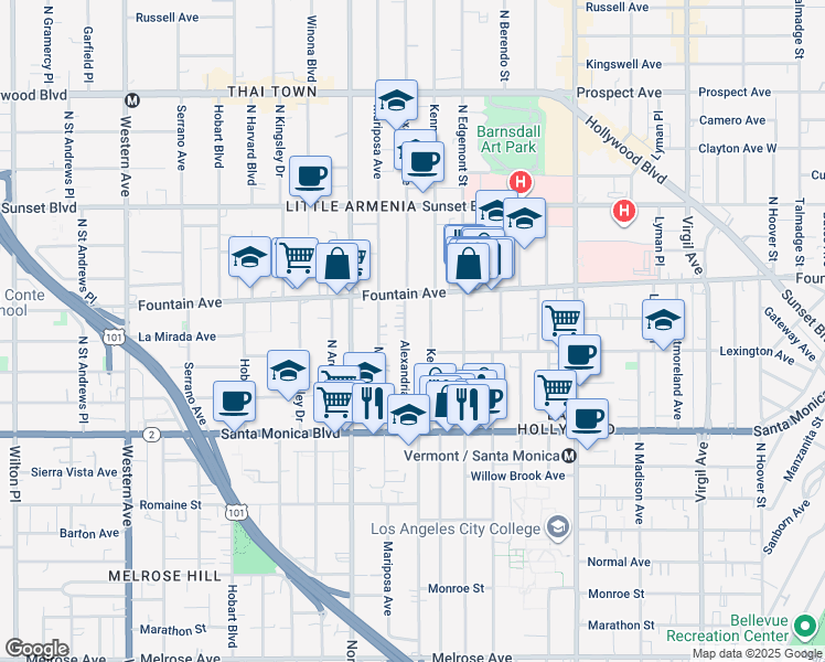 map of restaurants, bars, coffee shops, grocery stores, and more near 1201 North Kenmore Avenue in Los Angeles