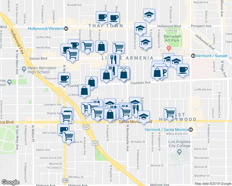 map of restaurants, bars, coffee shops, grocery stores, and more near 1202 North Kingsley Drive in Los Angeles