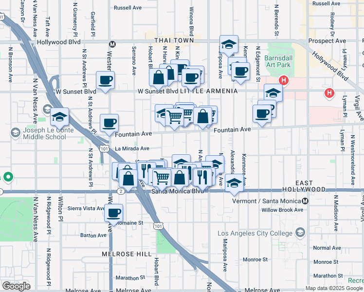 map of restaurants, bars, coffee shops, grocery stores, and more near 5225 Lexington Avenue in Los Angeles