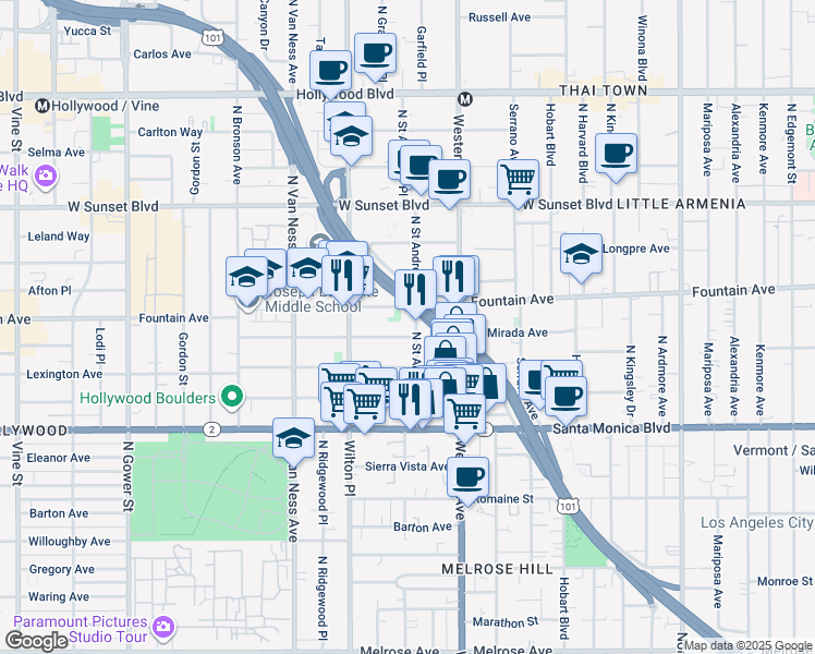 map of restaurants, bars, coffee shops, grocery stores, and more near 5602 La Mirada Avenue in Los Angeles
