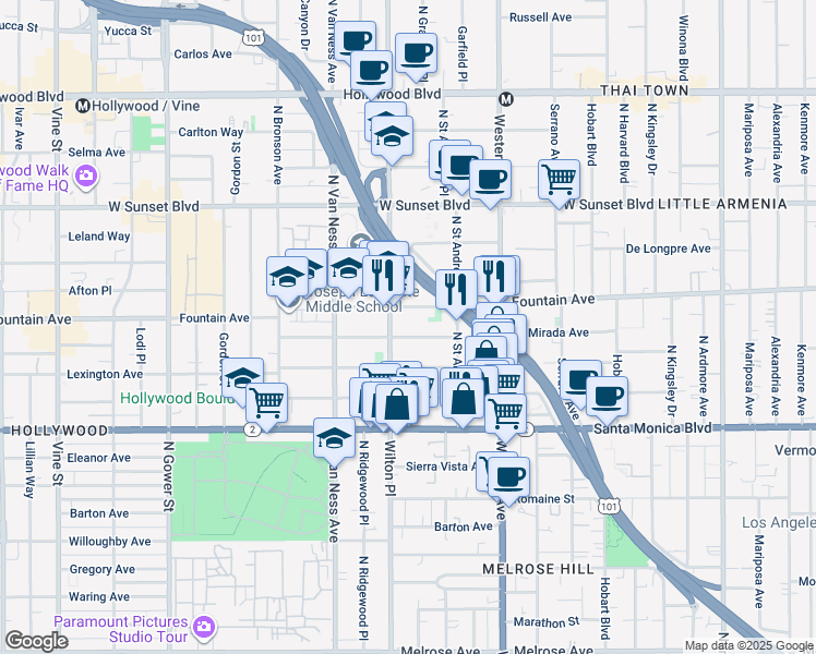 map of restaurants, bars, coffee shops, grocery stores, and more near 5642 La Mirada Avenue in Los Angeles