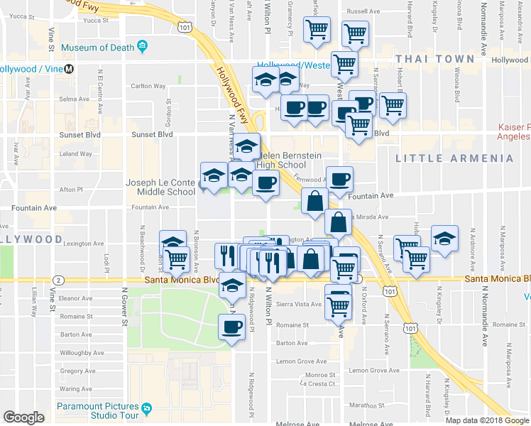 map of restaurants, bars, coffee shops, grocery stores, and more near 5704 La Mirada Avenue in Los Angeles