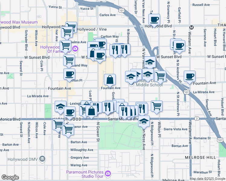 map of restaurants, bars, coffee shops, grocery stores, and more near 1228 Gordon Street in Los Angeles