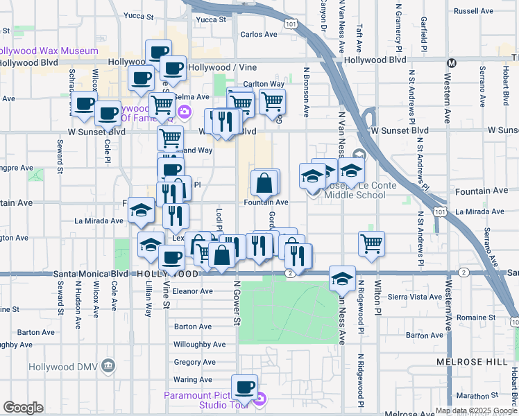 map of restaurants, bars, coffee shops, grocery stores, and more near 1233 North Beachwood Drive in Los Angeles
