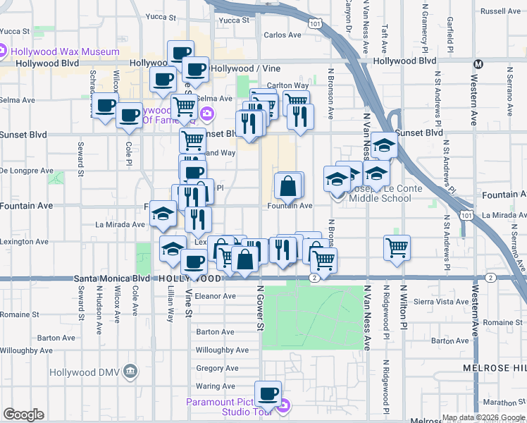 map of restaurants, bars, coffee shops, grocery stores, and more near 1233 North Beachwood Drive in Los Angeles