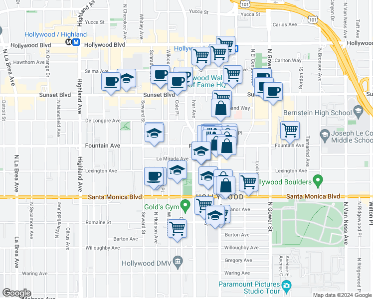 map of restaurants, bars, coffee shops, grocery stores, and more near in Los Angeles