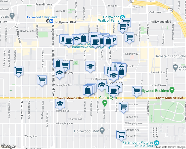 map of restaurants, bars, coffee shops, grocery stores, and more near 6523 La Mirada Avenue in Los Angeles