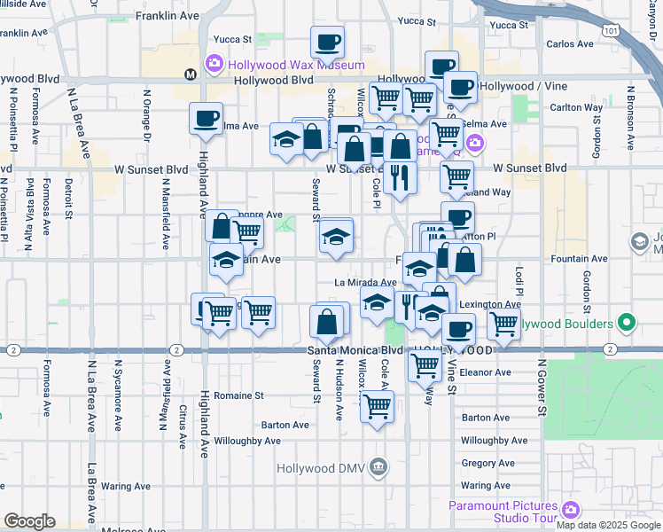 map of restaurants, bars, coffee shops, grocery stores, and more near 6523 La Mirada Avenue in Los Angeles