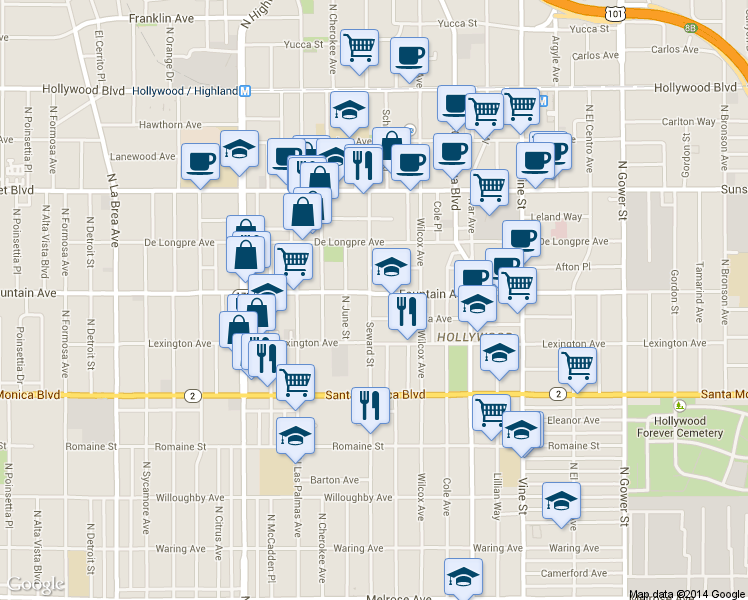 map of restaurants, bars, coffee shops, grocery stores, and more near 1231 Seward Street in Los Angeles