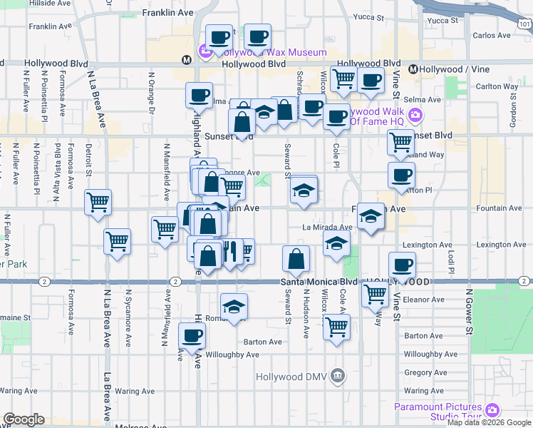 map of restaurants, bars, coffee shops, grocery stores, and more near 1234 North Cherokee Avenue in Los Angeles