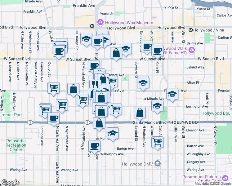 map of restaurants, bars, coffee shops, grocery stores, and more near 1231 North Las Palmas Avenue in Los Angeles