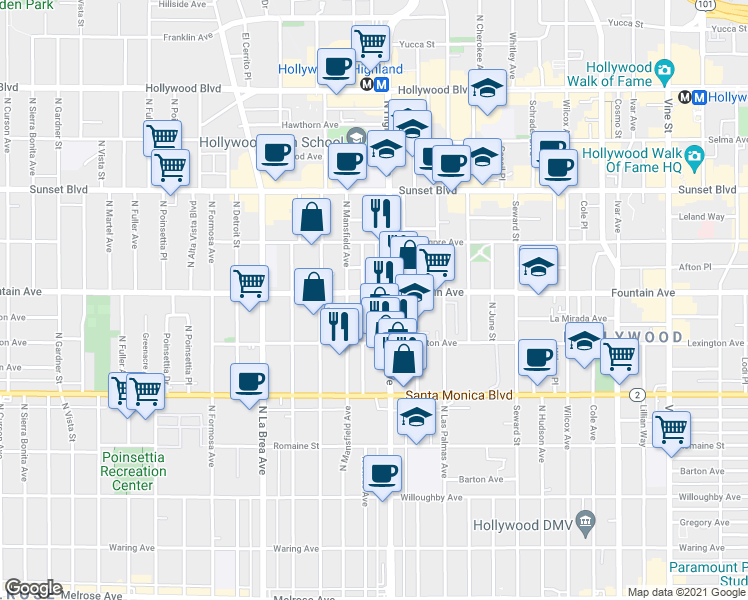 map of restaurants, bars, coffee shops, grocery stores, and more near 1229 North Citrus Avenue in Los Angeles