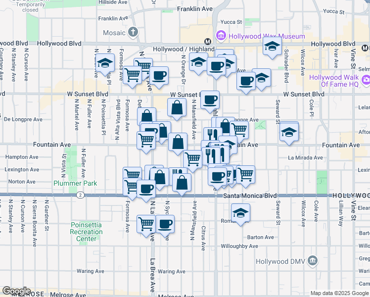 map of restaurants, bars, coffee shops, grocery stores, and more near 1229 North Mansfield Avenue in Los Angeles