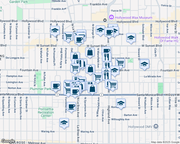 map of restaurants, bars, coffee shops, grocery stores, and more near 1232 North Sycamore Avenue in Los Angeles