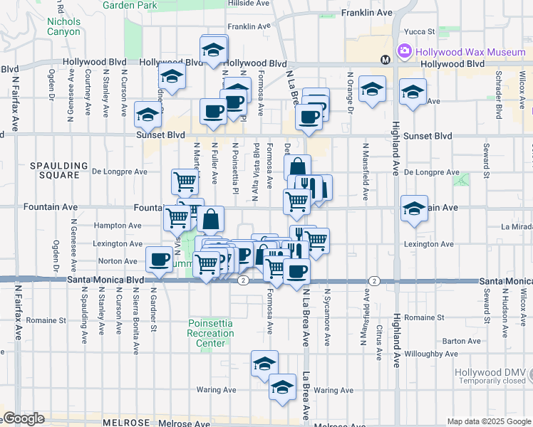 map of restaurants, bars, coffee shops, grocery stores, and more near 1232 North Poinsettia Place in West Hollywood