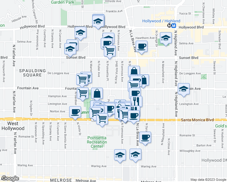 map of restaurants, bars, coffee shops, grocery stores, and more near 1232 North Poinsettia Place in West Hollywood