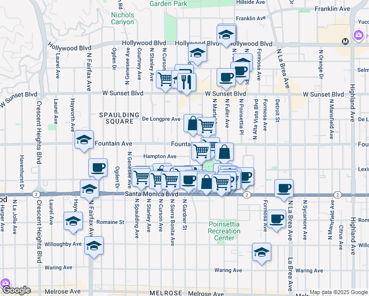 map of restaurants, bars, coffee shops, grocery stores, and more near 7508 Hampton Avenue in West Hollywood