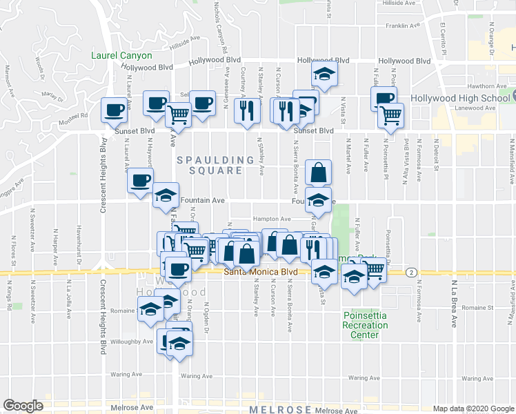 map of restaurants, bars, coffee shops, grocery stores, and more near 7630 Hampton Avenue in Los Angeles