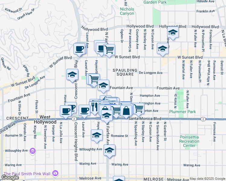 map of restaurants, bars, coffee shops, grocery stores, and more near 1221 North Orange Grove Avenue in West Hollywood