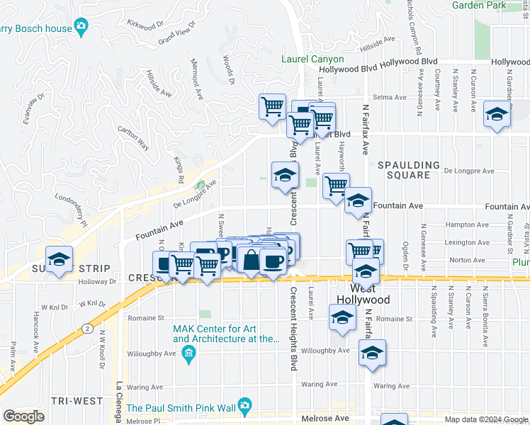 map of restaurants, bars, coffee shops, grocery stores, and more near 1253 Havenhurst Drive in West Hollywood