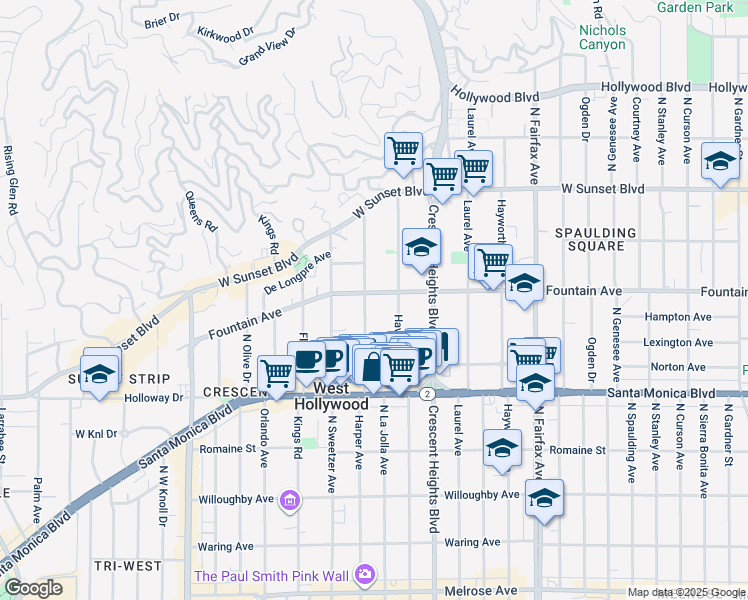 map of restaurants, bars, coffee shops, grocery stores, and more near 1253 Havenhurst Drive in West Hollywood