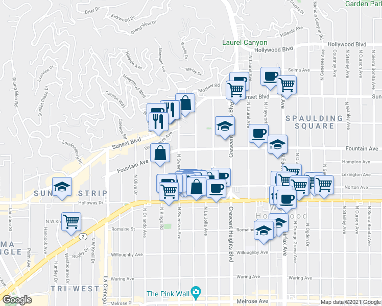map of restaurants, bars, coffee shops, grocery stores, and more near 1255 North Harper Avenue in West Hollywood