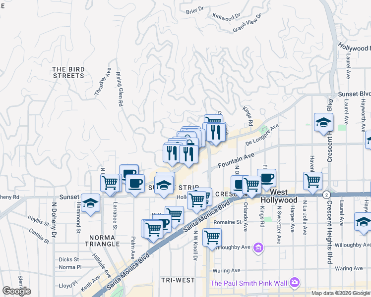 map of restaurants, bars, coffee shops, grocery stores, and more near in West Hollywood
