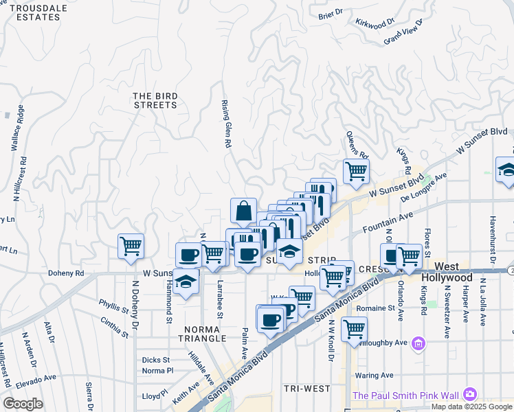 map of restaurants, bars, coffee shops, grocery stores, and more near 1227 Sunset Plaza Drive in Los Angeles