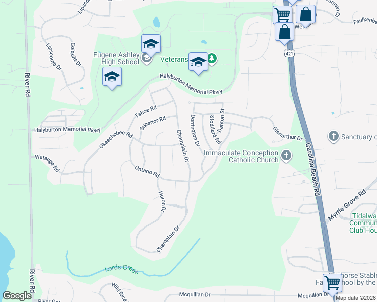 map of restaurants, bars, coffee shops, grocery stores, and more near 7616 Champlain Drive in Wilmington