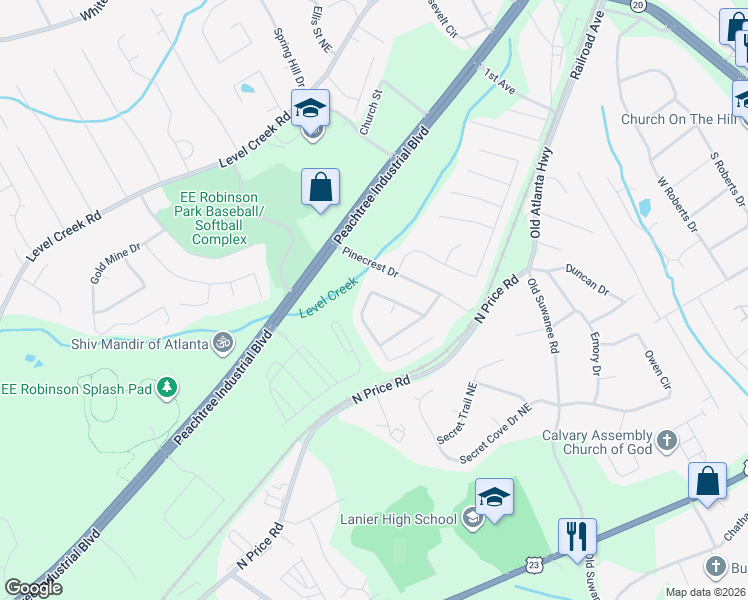map of restaurants, bars, coffee shops, grocery stores, and more near 5039 McEver View Drive in Sugar Hill