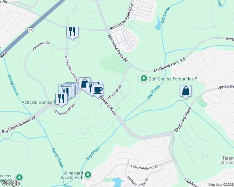 map of restaurants, bars, coffee shops, grocery stores, and more near 1000 Masters Way in Alpharetta