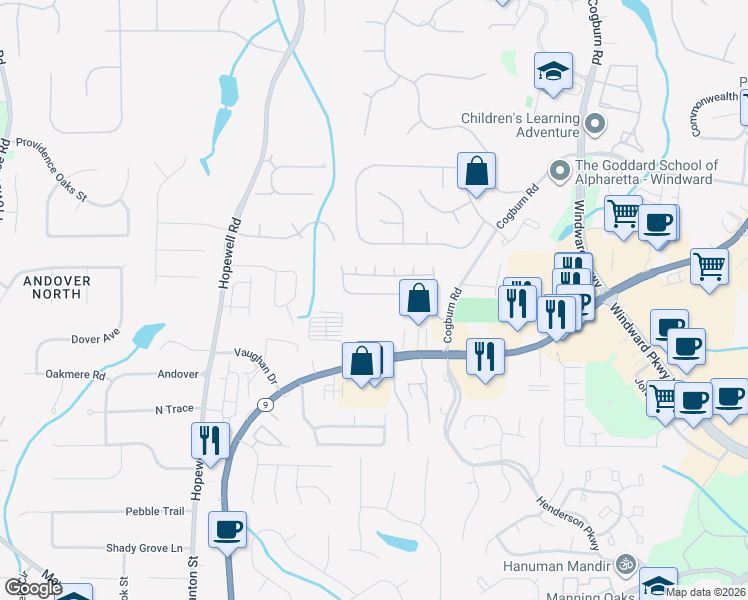 map of restaurants, bars, coffee shops, grocery stores, and more near 2395 Cogburn Ridge Road in Alpharetta