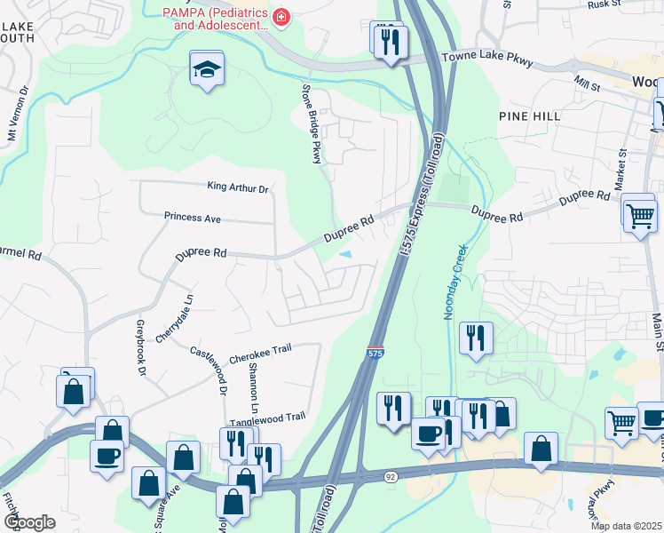 map of restaurants, bars, coffee shops, grocery stores, and more near 505 Rocking Porch Way in Woodstock