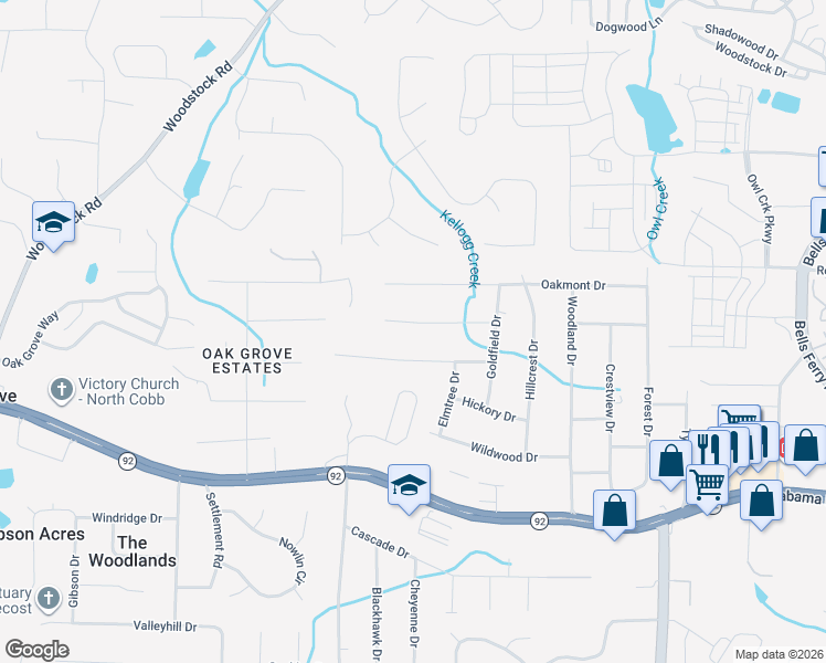 map of restaurants, bars, coffee shops, grocery stores, and more near 1585 Deerwood Lane in Acworth