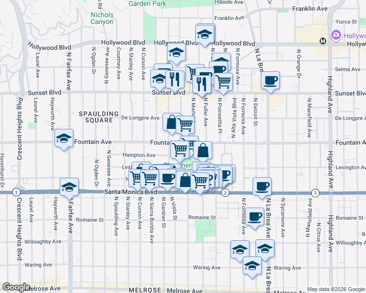 map of restaurants, bars, coffee shops, grocery stores, and more near 1298 North Vista Street in West Hollywood