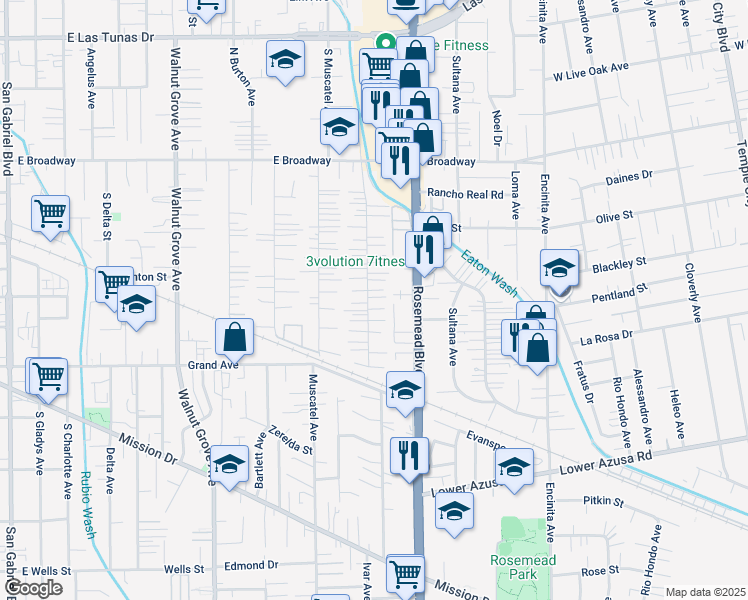 map of restaurants, bars, coffee shops, grocery stores, and more near 5102 Acacia Street in San Gabriel