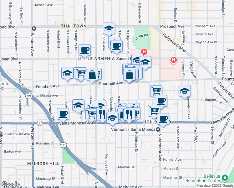 map of restaurants, bars, coffee shops, grocery stores, and more near 1201 North Kenmore Avenue in Los Angeles