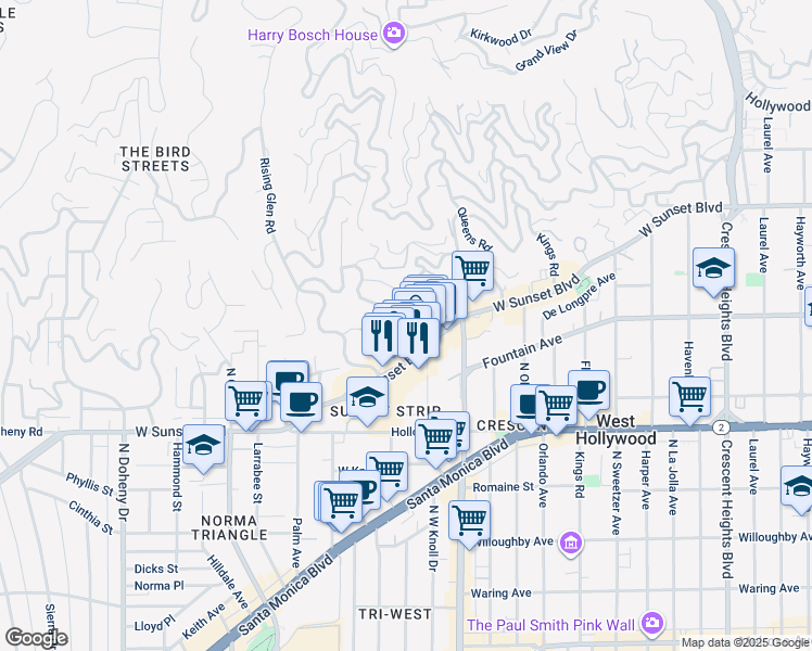 map of restaurants, bars, coffee shops, grocery stores, and more near 1322 Londonderry Place in Los Angeles