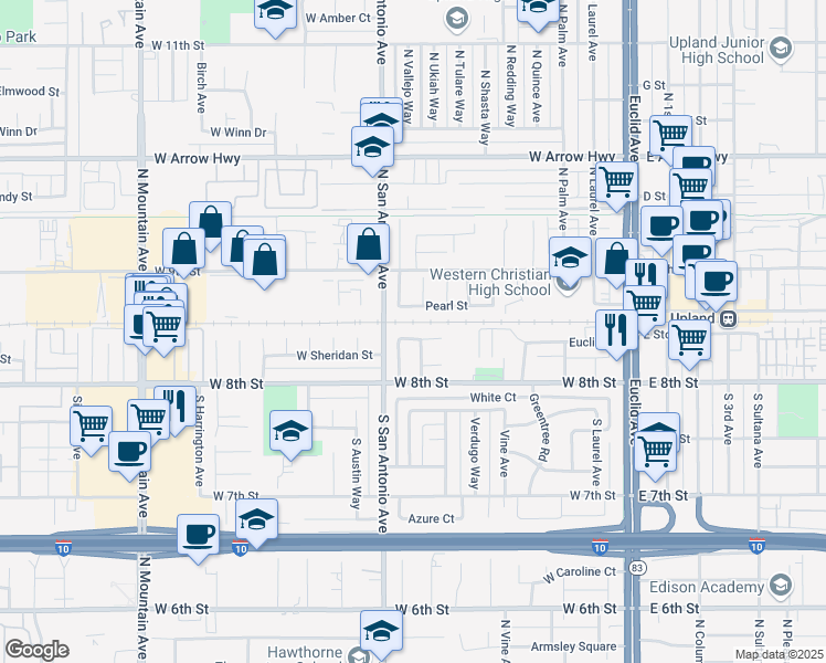 map of restaurants, bars, coffee shops, grocery stores, and more near 711 Moonstone Court in Upland