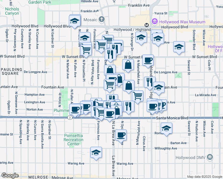 map of restaurants, bars, coffee shops, grocery stores, and more near 1234a North La Brea Avenue in West Hollywood