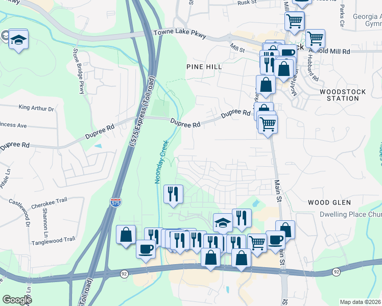 map of restaurants, bars, coffee shops, grocery stores, and more near 153 Creekwood Drive in Woodstock