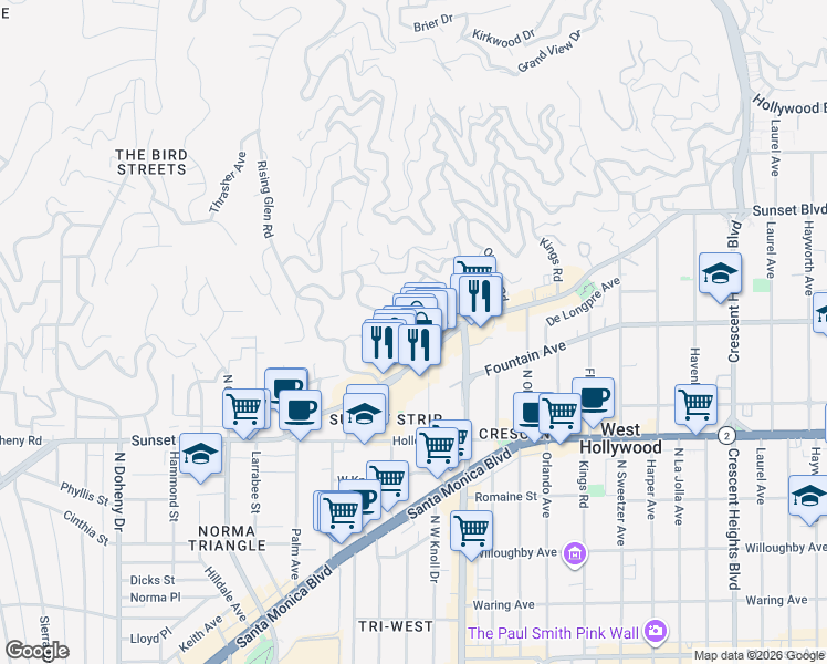 map of restaurants, bars, coffee shops, grocery stores, and more near in West Hollywood